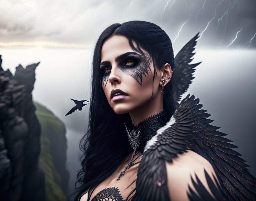 Woman with Dark Makeup and Feathered Shoulders Staring Intensely on Stormy Cliff