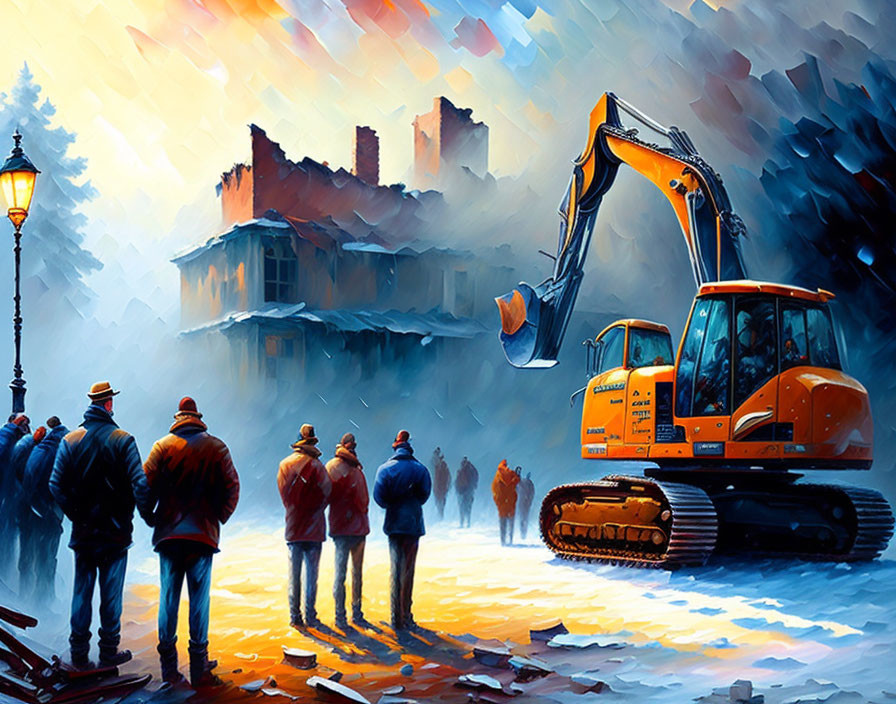 Group observing excavator on snowy street with ancient castle and glowing sunset