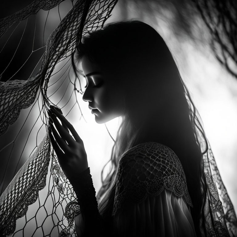 Profile of Woman with Flowing Hair Holding Lace in Dramatic Silhouette