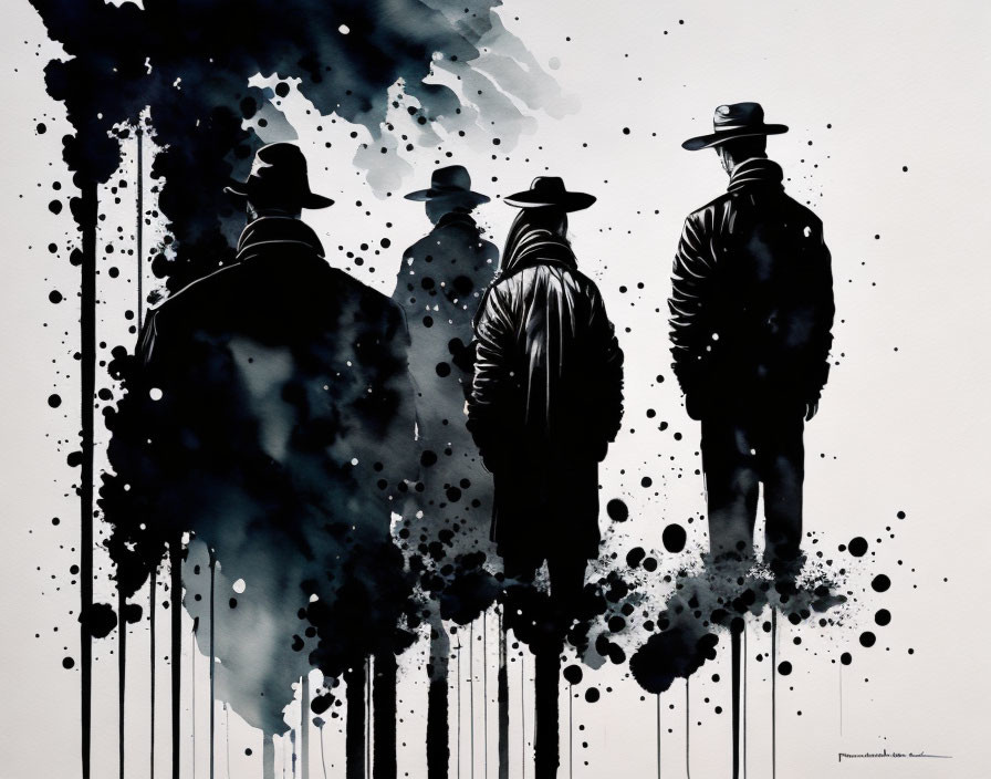 Silhouetted Figures in Hats and Coats on White Background with Abstract Black Ink Splatters