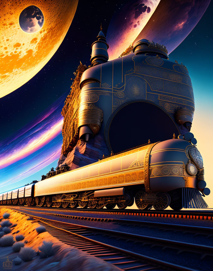 Fantastical steam train on tracks under a large moon and ringed planet