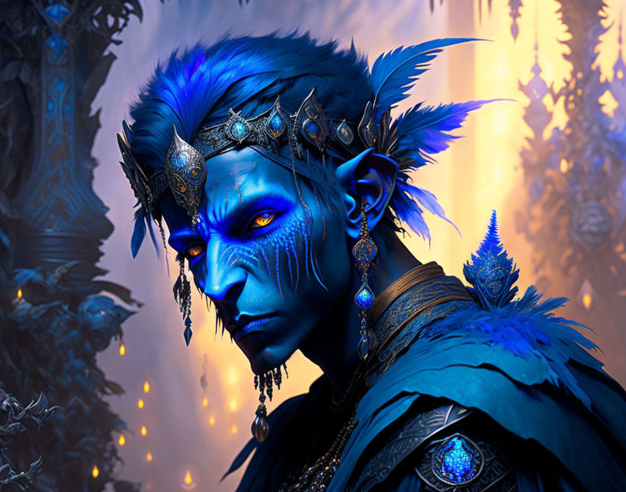 Blue-skinned character with tribal markings and feathered headpiece in mystical setting