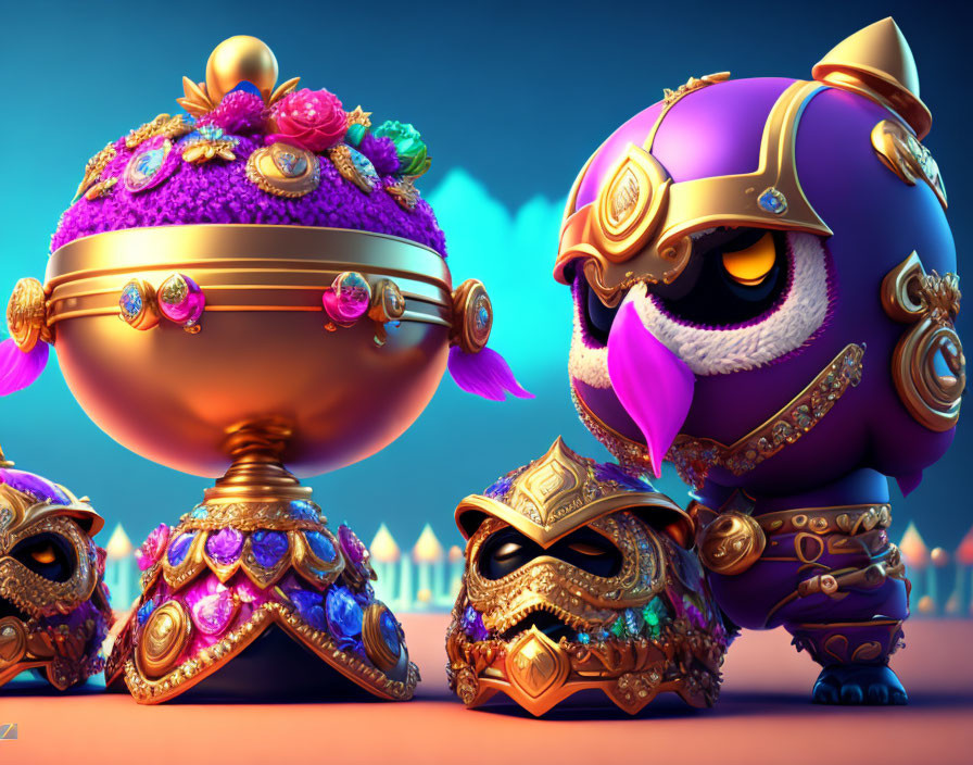 Stylized ornate characters with gold accents on purplish backdrop