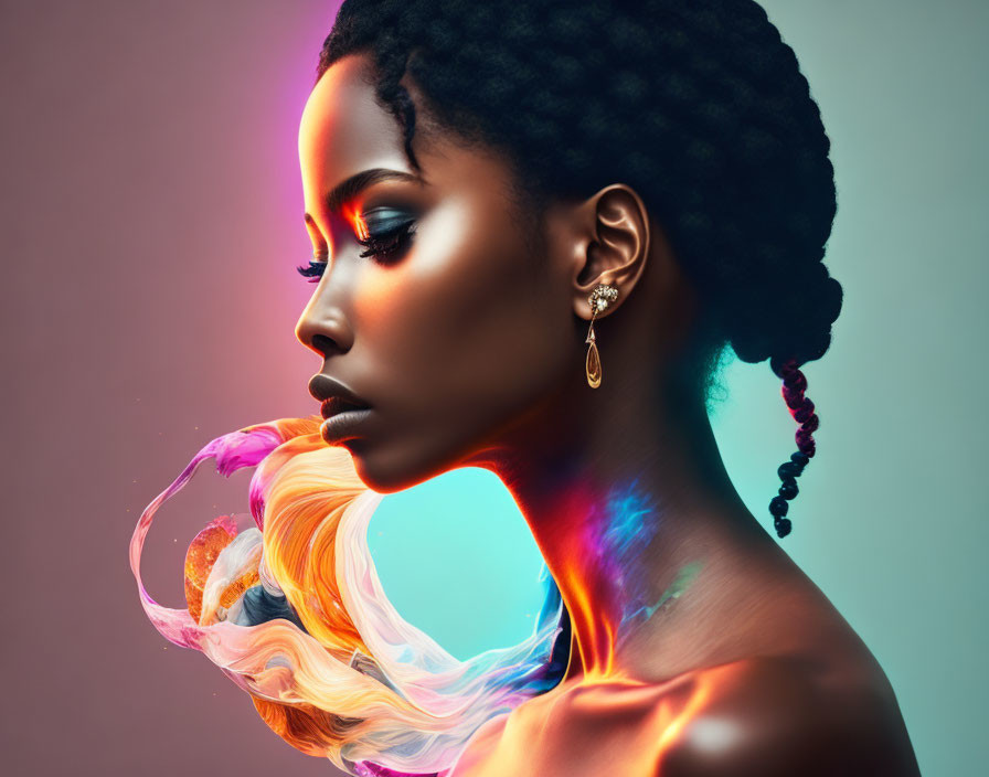 Dark Braided Hair Woman with Neon Light Effects on Gradient Background