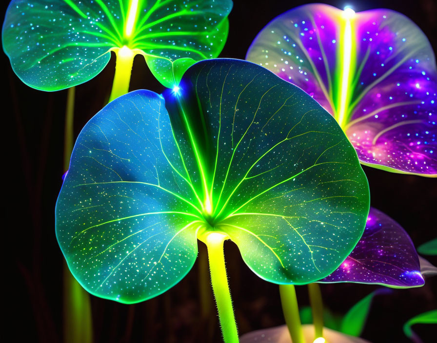 Vibrant neon artificial leaves on dark background in purple, blue, and green.