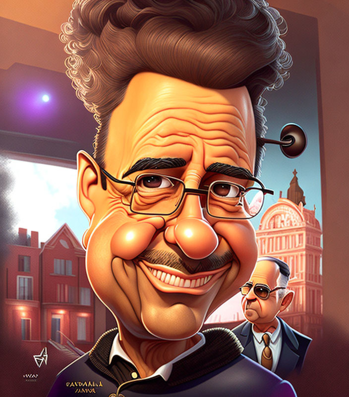 Smiling man with glasses and curly hair in cityscape caricature