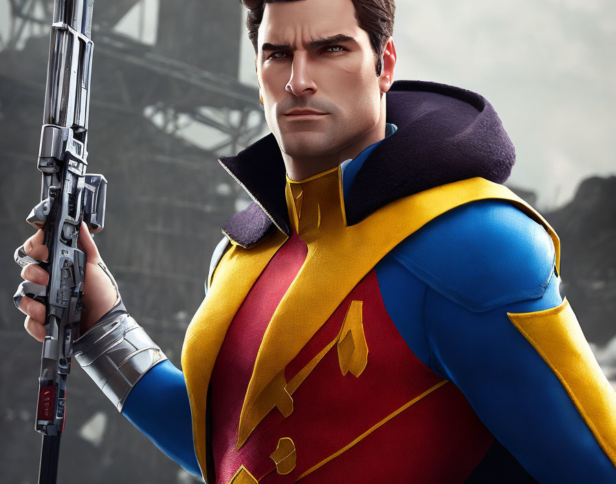 Animated superhero with futuristic sniper rifle in blue and yellow suit