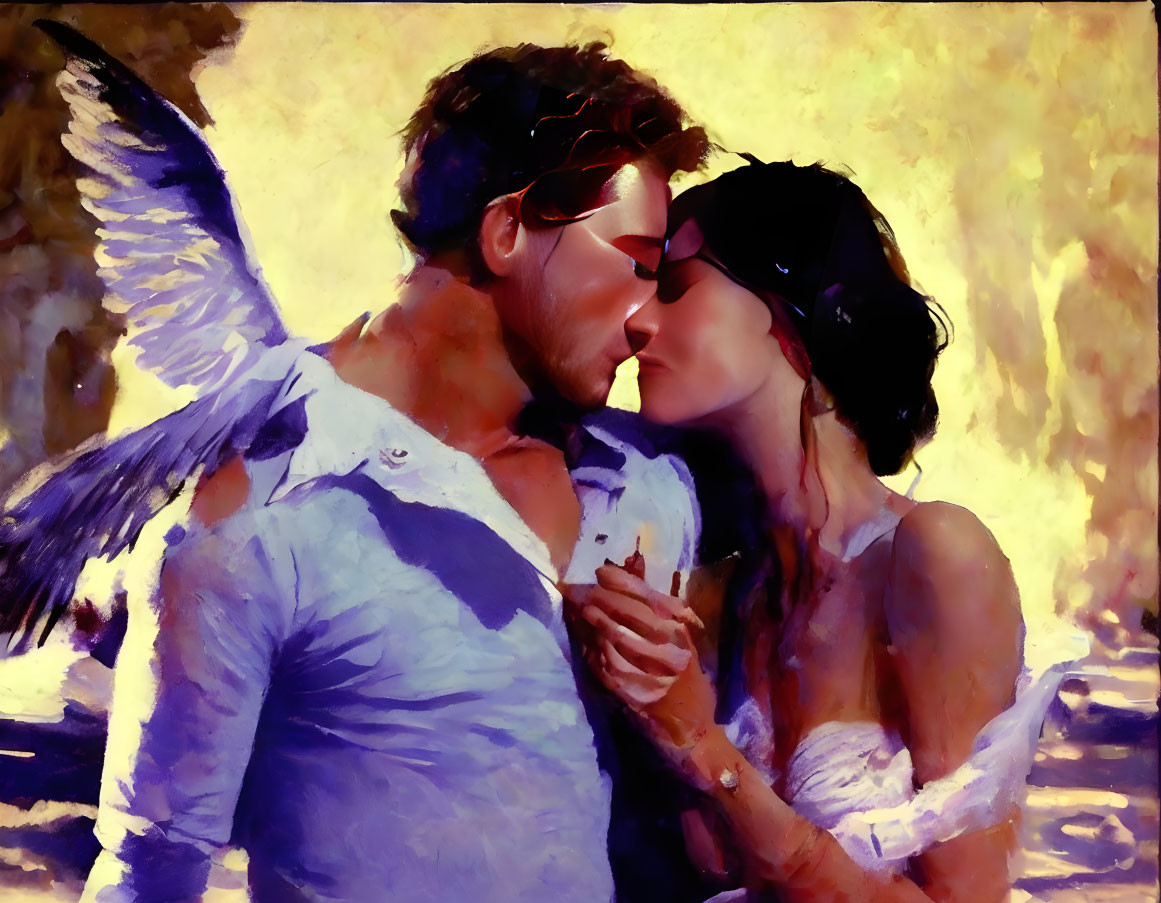 Romantic digital painting of a kissing couple with angelic wings in warm, abstract setting