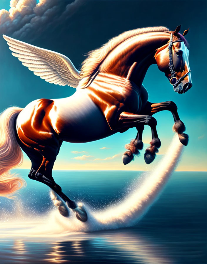 Chestnut Pegasus with spread wings above clouds and water under dramatic sky