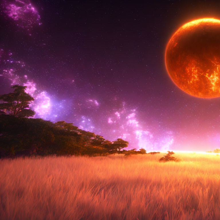 Large glowing orange planet over serene landscape under starry purple sky