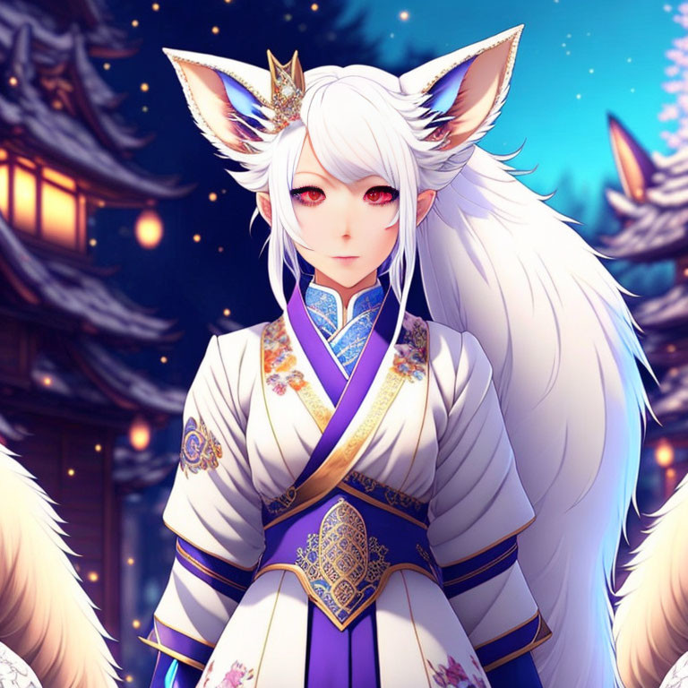 White Fox-Eared Character in Traditional Outfit on Night Sky Background