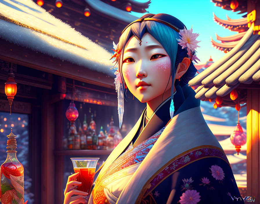 Colorful digital artwork of woman in traditional attire with red drink, Asian-style building & red lanterns