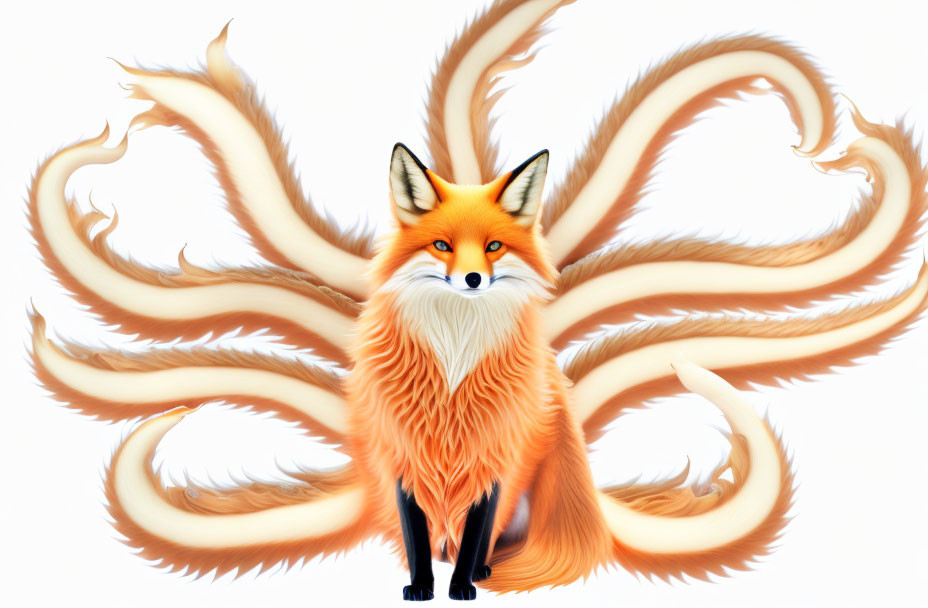 Stylized fox with flowing, flame-like tails on white background