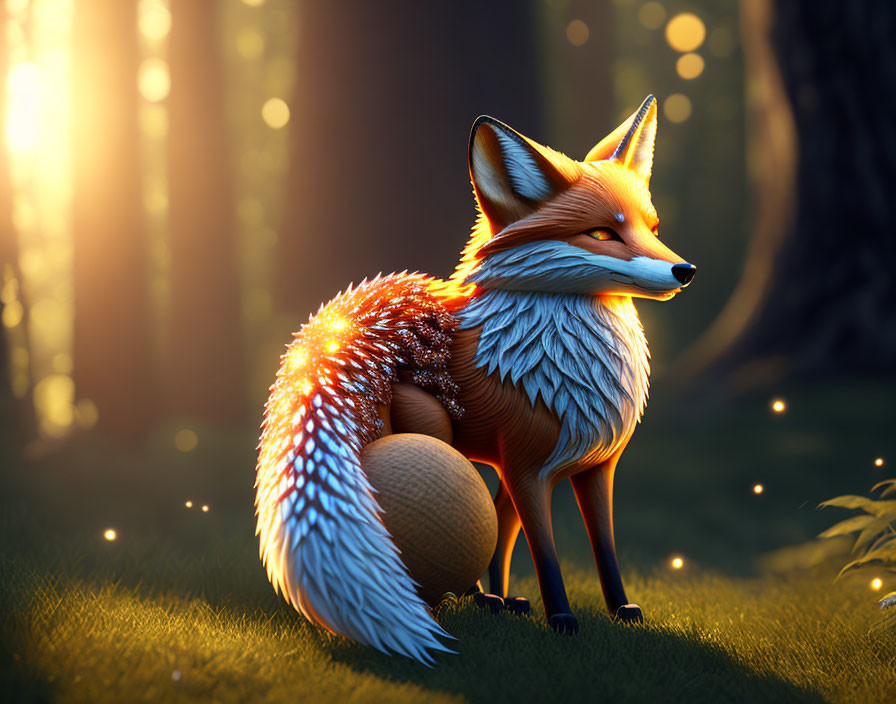 Vibrant orange fox with blue feathers in sunlit forest