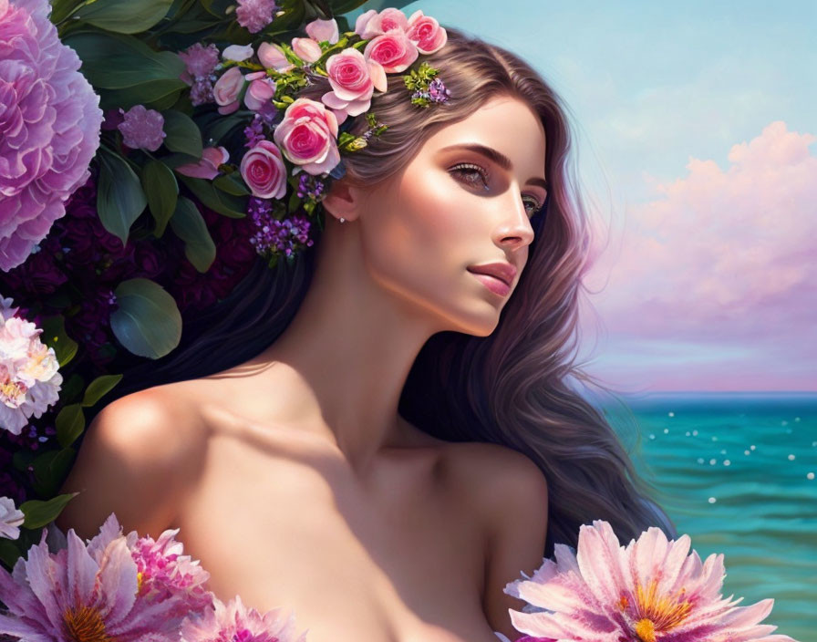 Illustrated portrait of woman with flowers in hair against vibrant blooms and calm sea