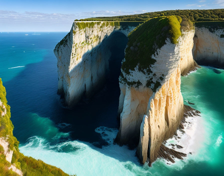 Aerial View of Towering White Cliffs Overlooking Turquoise Sea