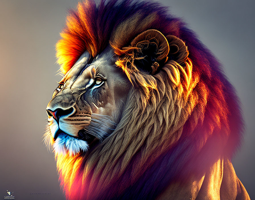 Colorful Lion with Red, Orange, and Blue Mane on Soft-Focus Background