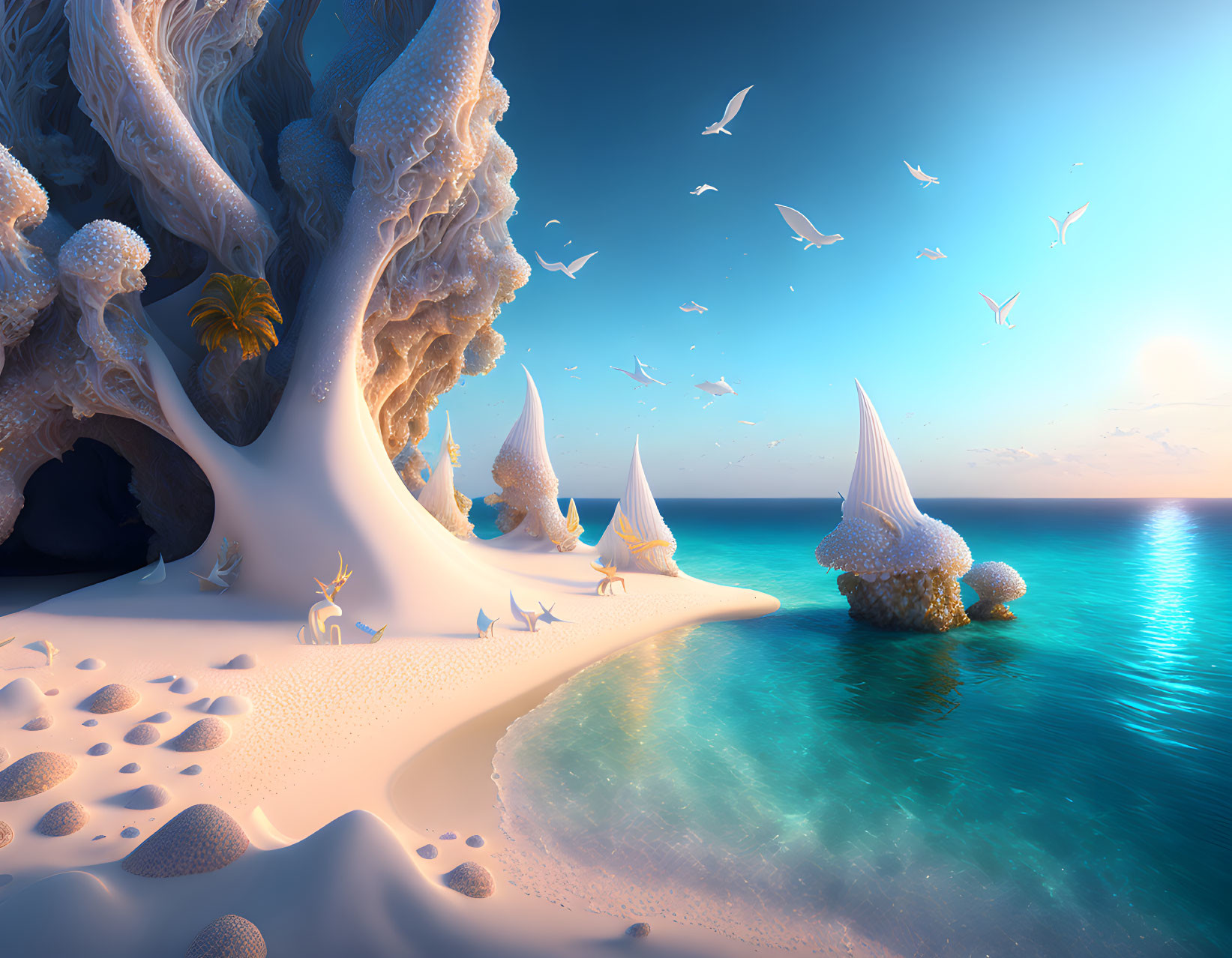 Surreal sunset beach scene with fantastical elements