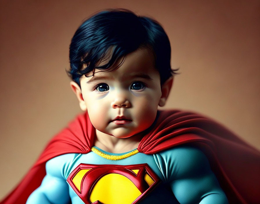 Dark-Haired Baby in Superman Costume with Red Cape and Logo