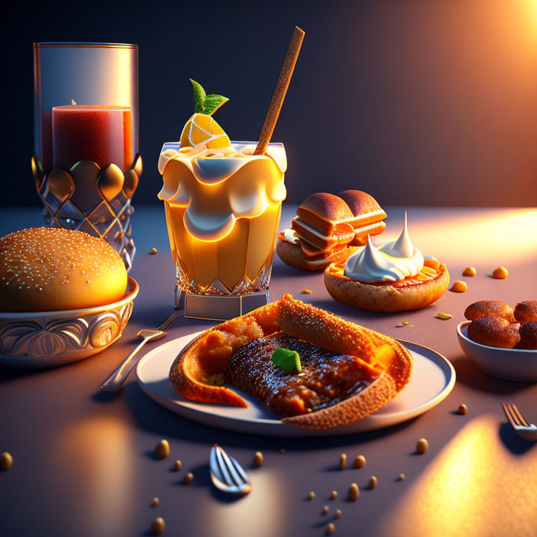 Decadent Desserts, Burger, Juice, and Nuts on Table