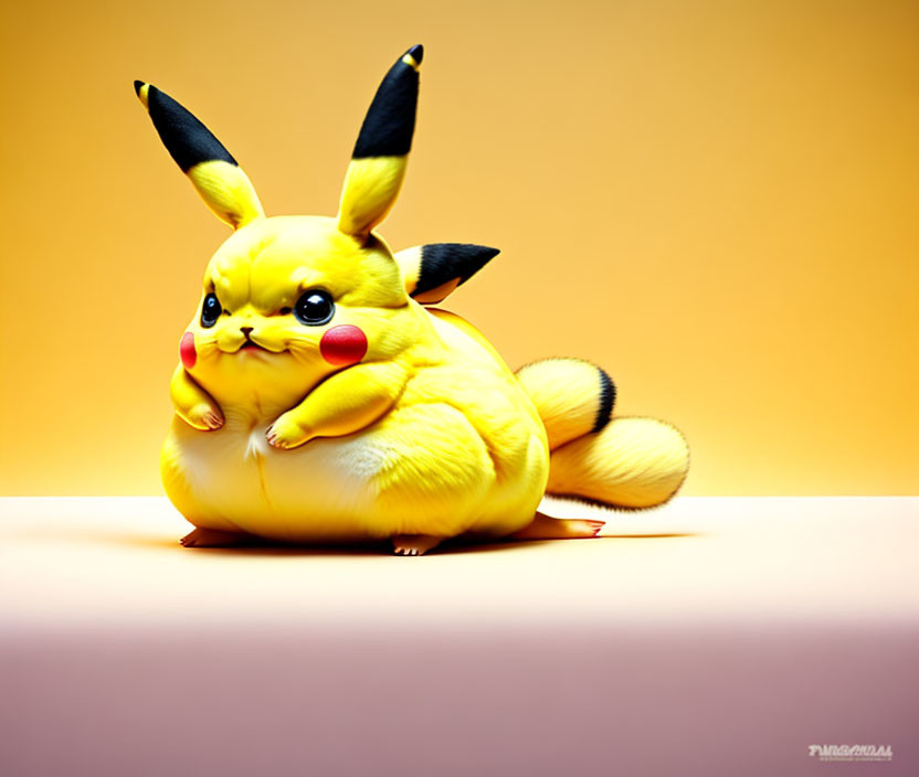 Chubby Pikachu with cute expression against yellow backdrop