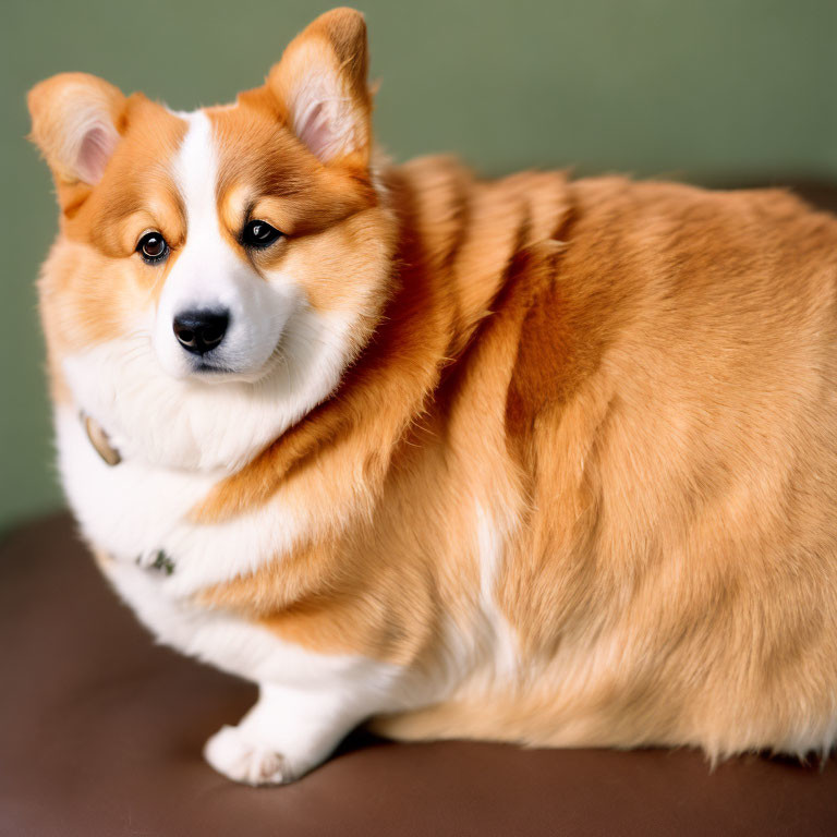 Fluffy Tricolor Pembroke Welsh Corgi on Green Background