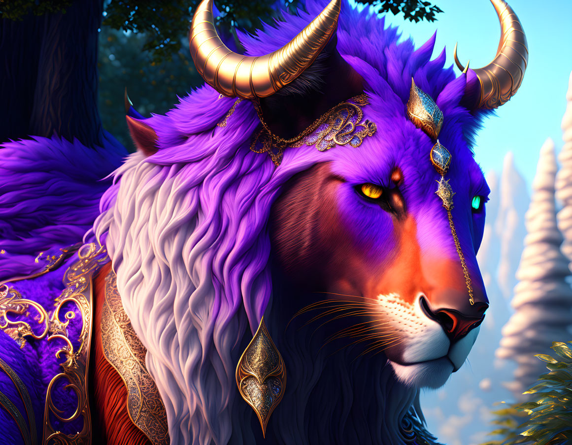 Fantasy lion with purple fur and regal adornments in forest setting