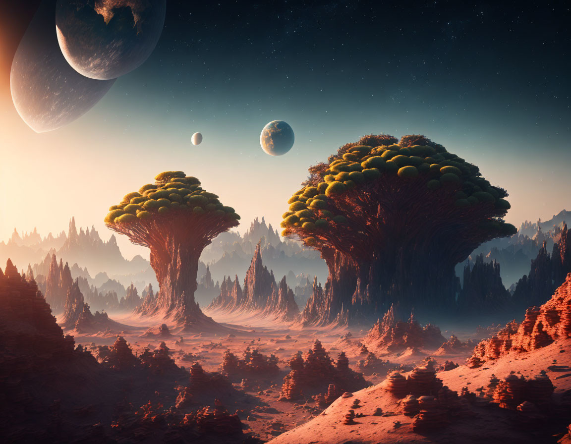 Fantasy landscape with mushroom trees, rocky terrain, and celestial bodies