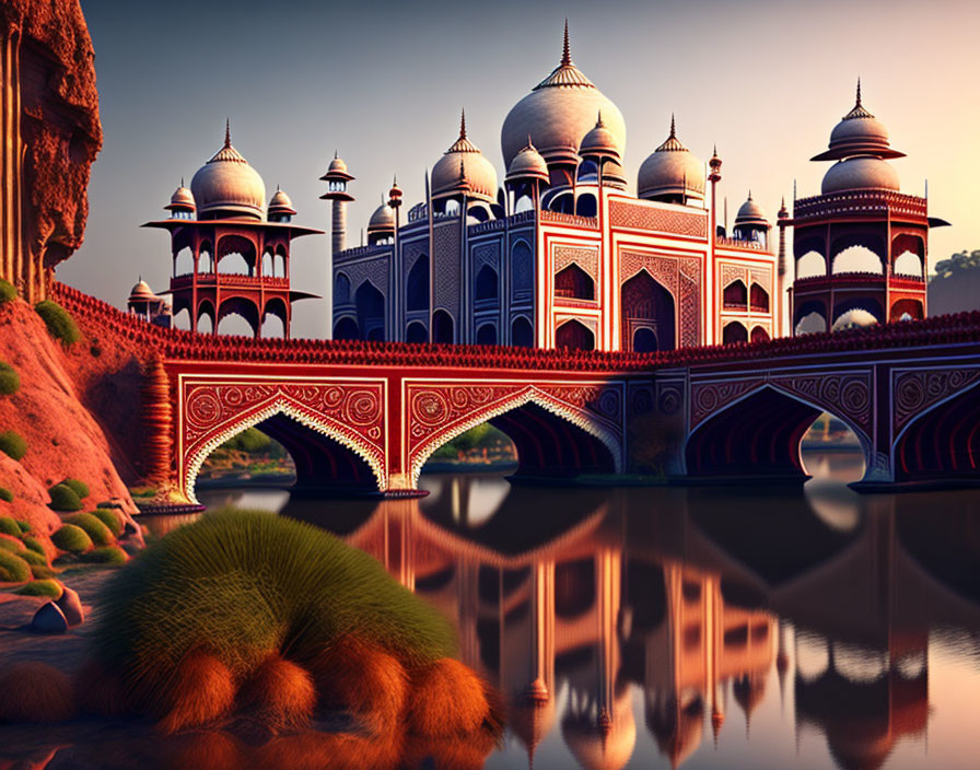 Intricate red and white palace reflected in tranquil sunset water