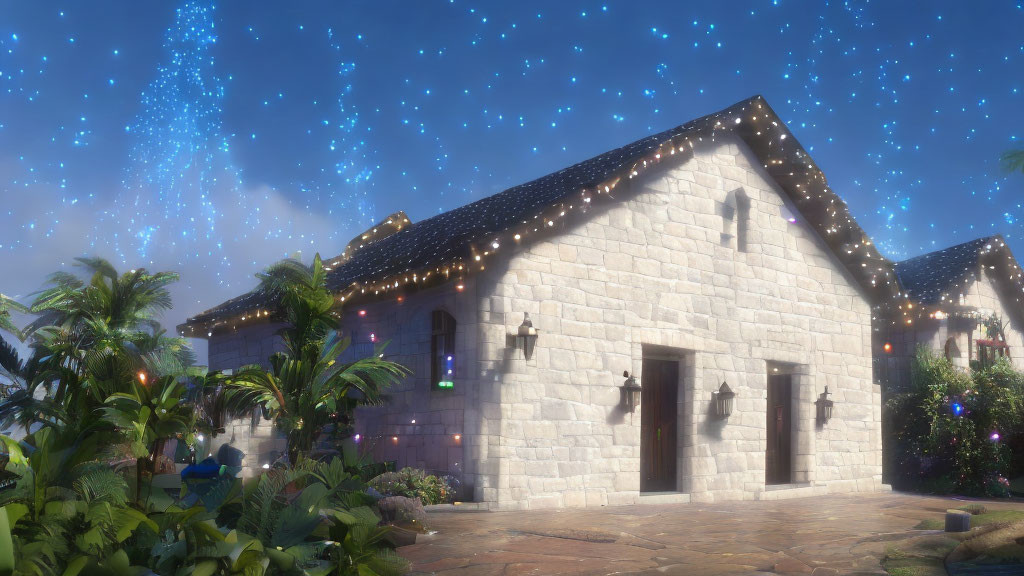 Stone houses illuminated by festive lights under starry night sky with lush green plants