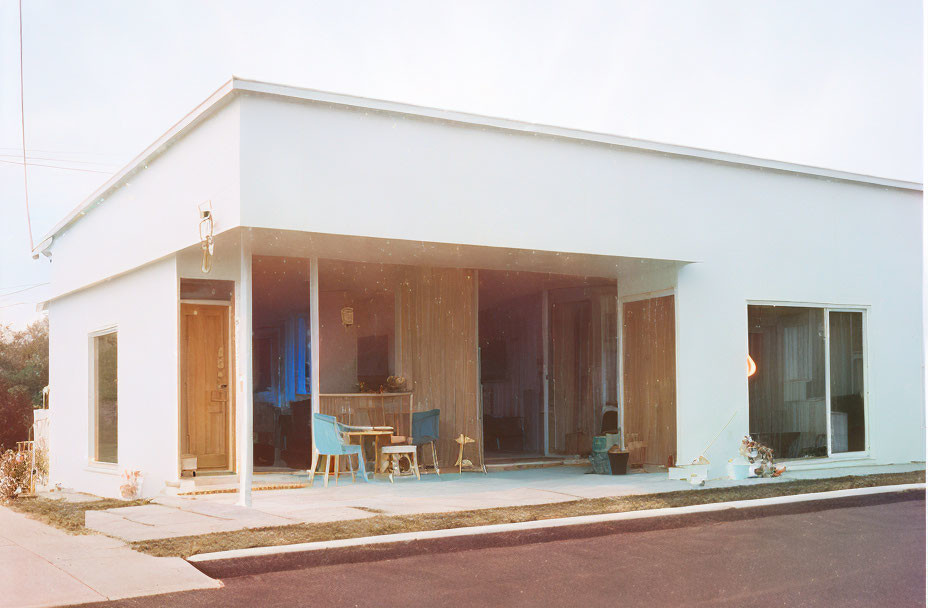 Minimalist Single-Story House with Flat Roof & Large Glass Doors