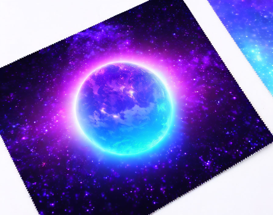 Glowing blue planet in purple cosmos with blurred edge