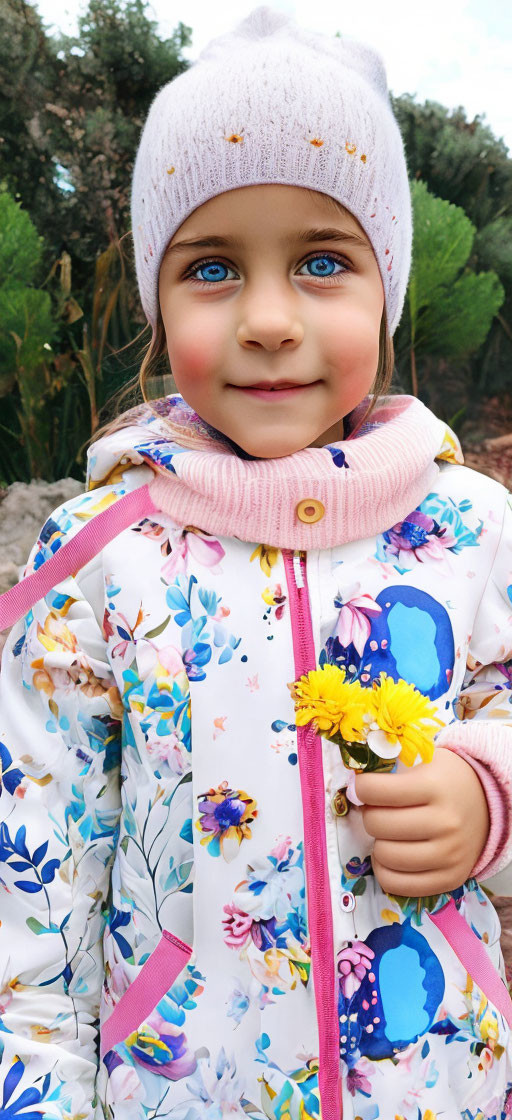 Young girl with blue eyes in white beanie and floral jacket holding yellow flowers