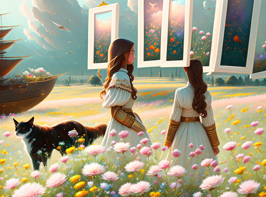 Fantastical meadow scene with floating paintings, women, cat, and flying ship