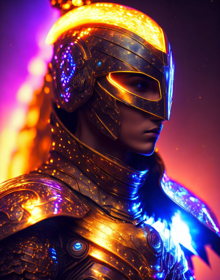 Futuristic figure in golden armor with vibrant lights