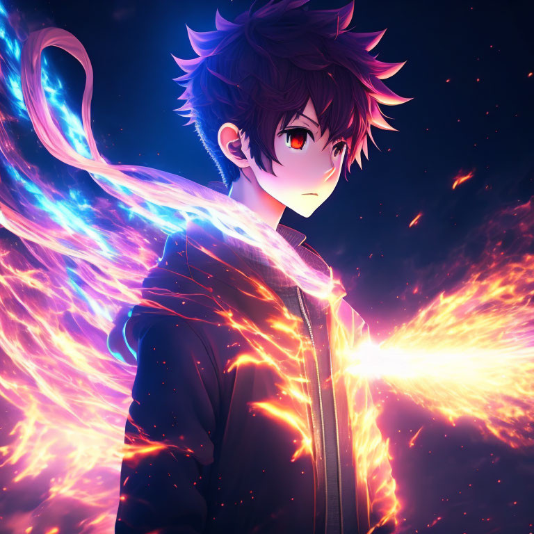 Spiky Haired Anime Character in Jacket with Red Eyes amid Swirling Blue Energy and Flames