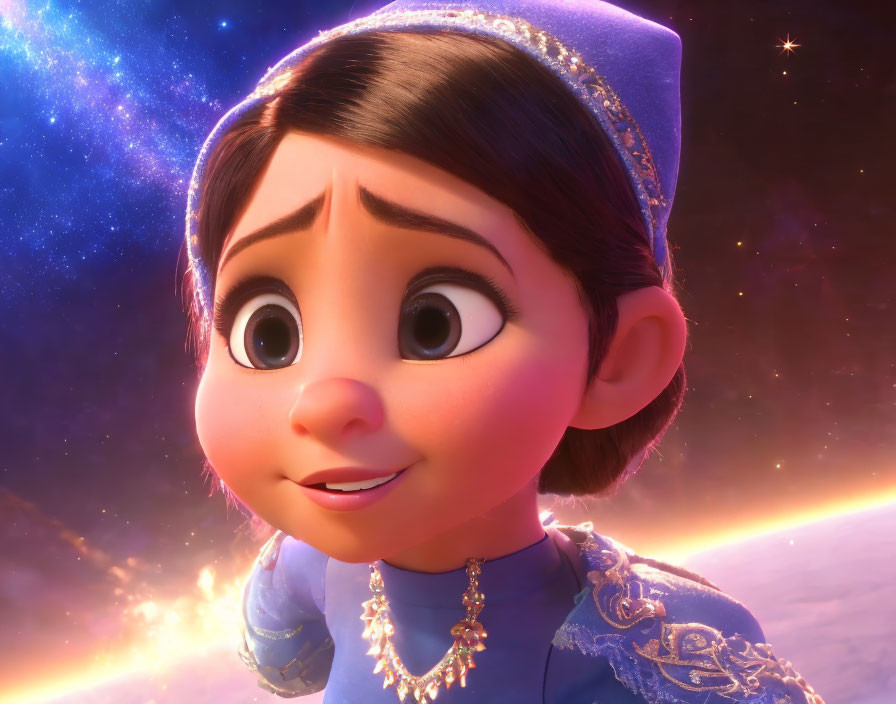 Young girl in blue outfit with wide eyes against cosmic backdrop