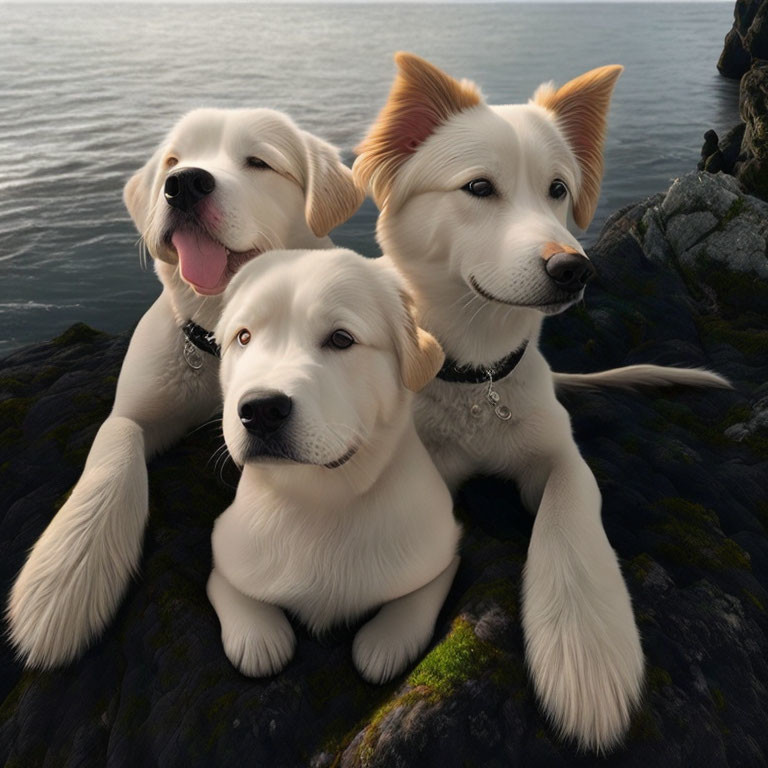 Three dogs with human-like facial features on rocky coastline.