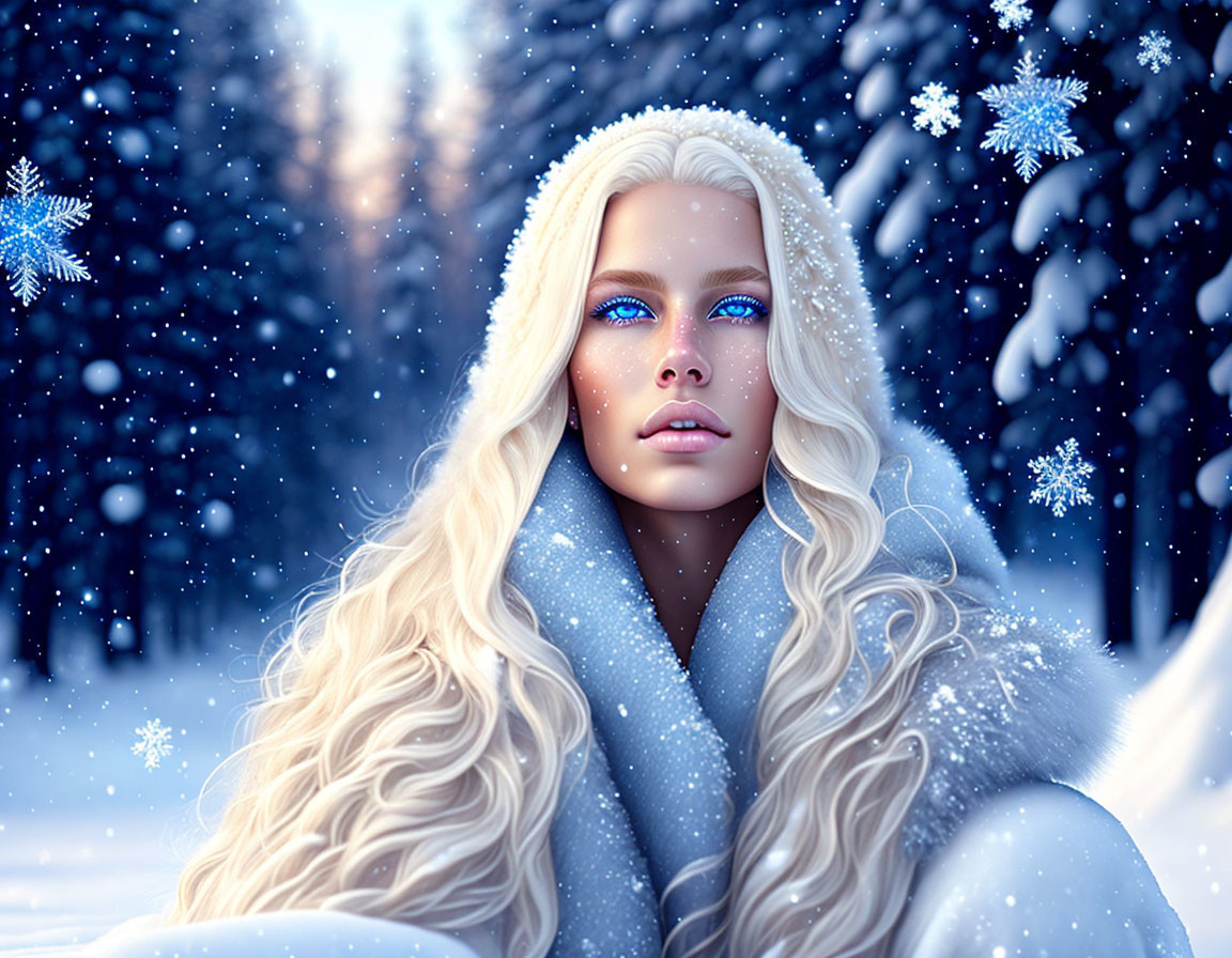 Digital portrait of woman with long blonde hair in fur-lined coat in snowy landscape