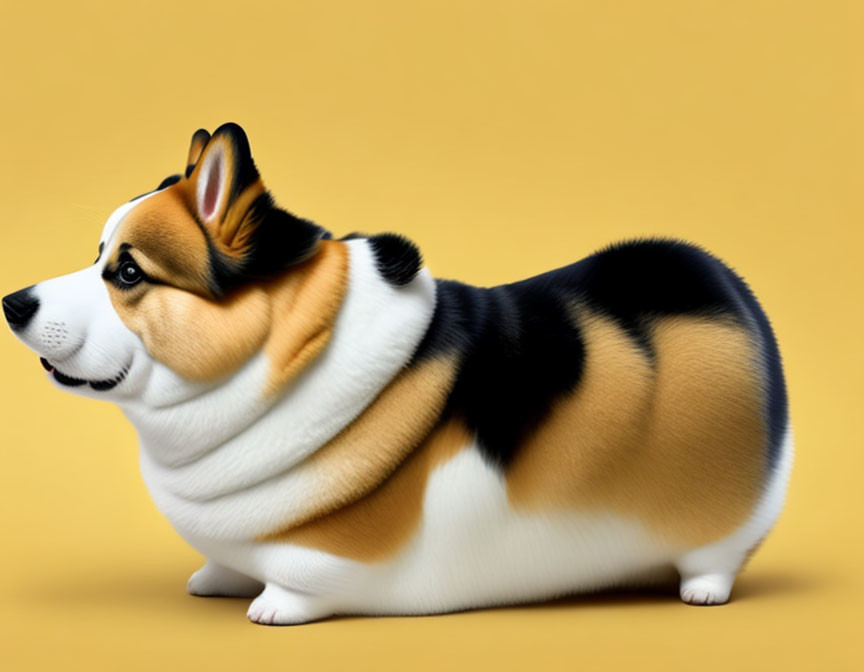 Digitally altered Corgi with elongated body on yellow background