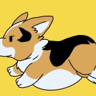 Brown, White, and Black Corgi on Yellow Background