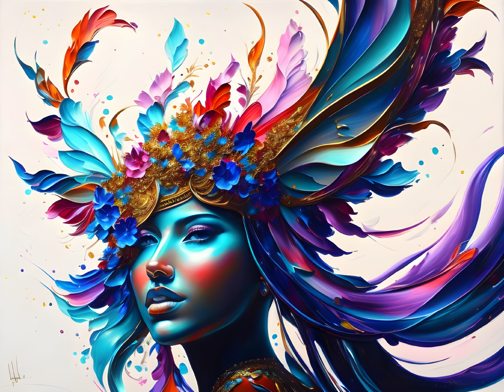 Colorful digital artwork: Woman with blue skin, intricate headdress.