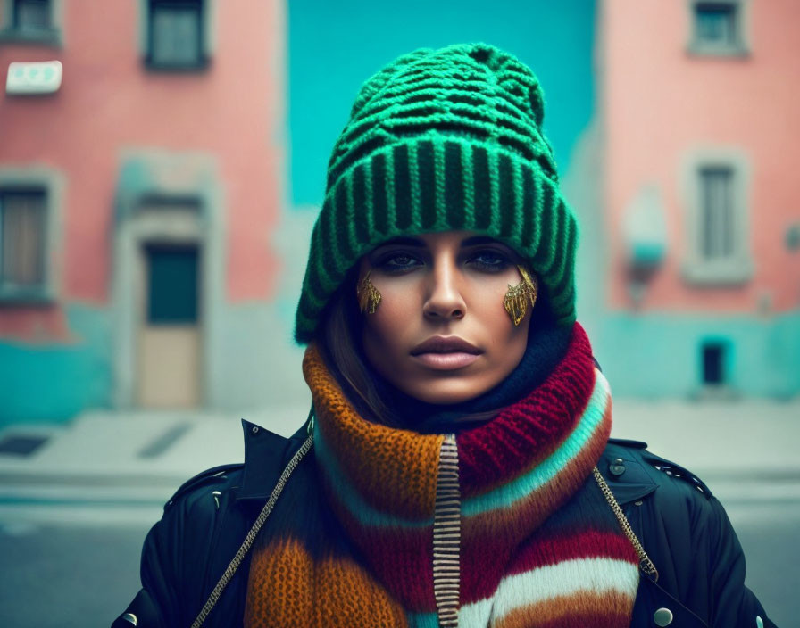 Colorful Scarf and Striking Eye Makeup Fashion Portrait