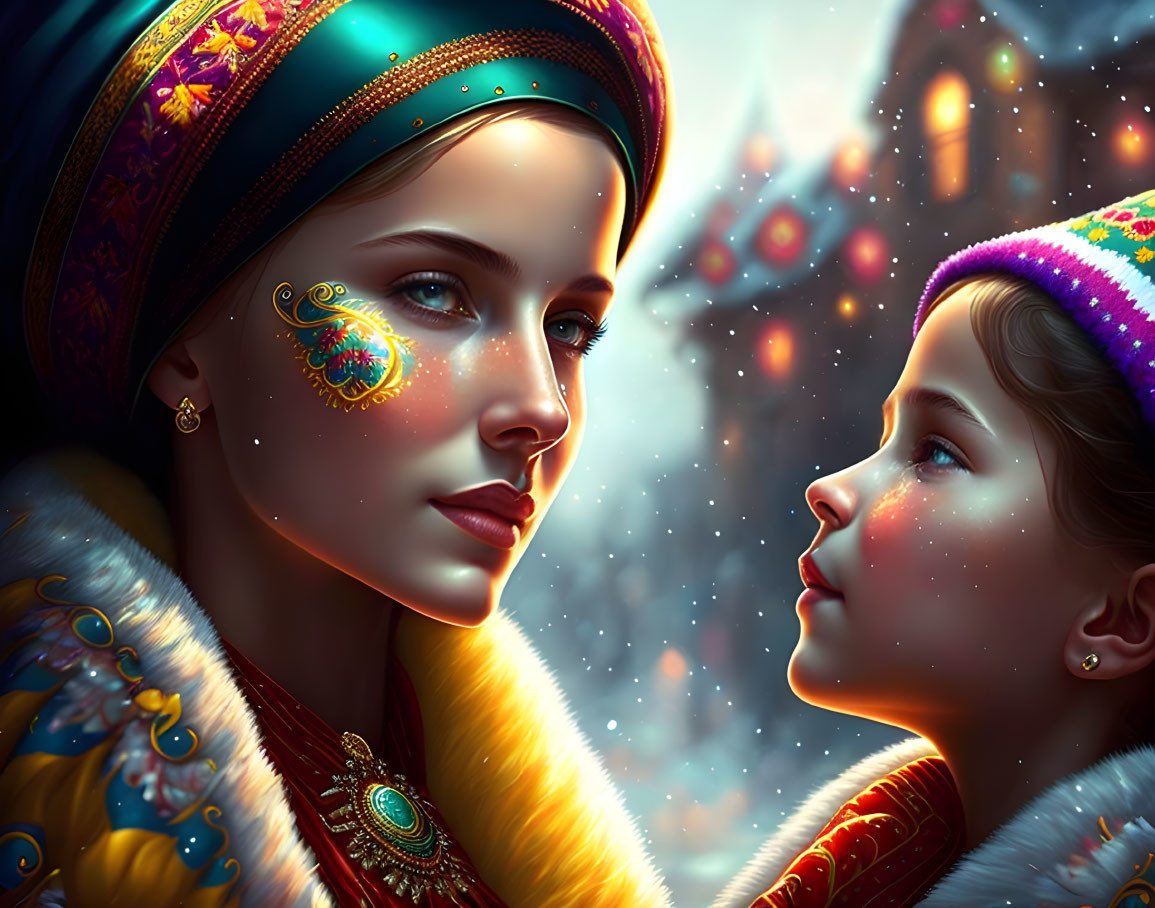 Two women in colorful ethnic attire share a warm moment in snowy village setting