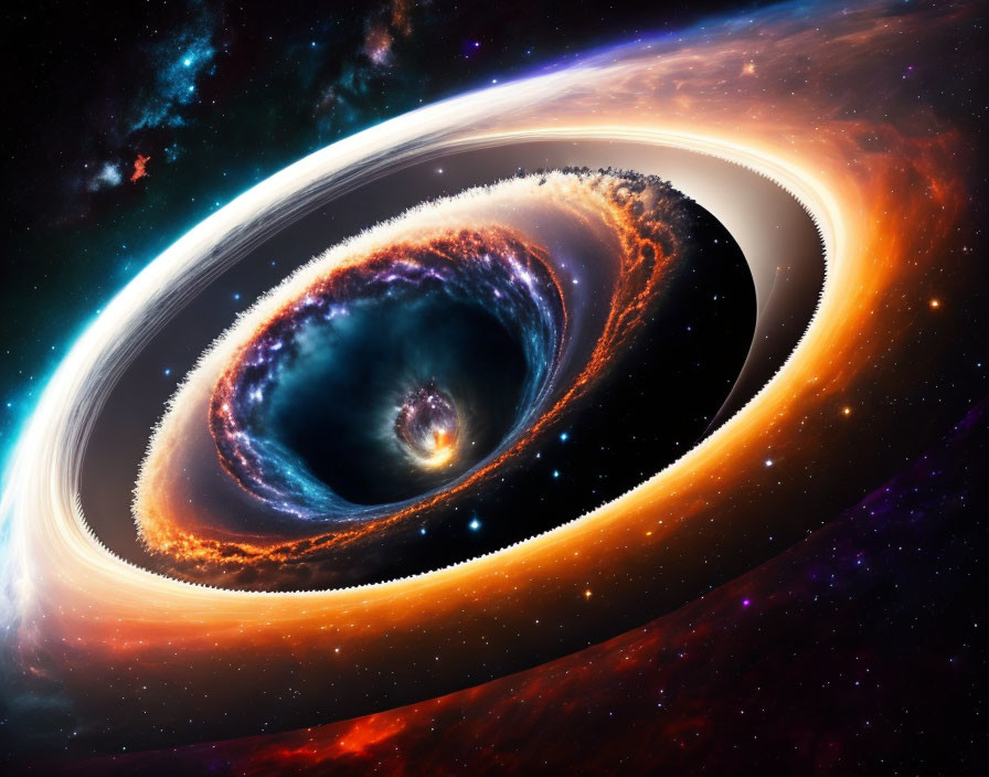 Colorful cosmic artwork: black hole with accretion disk distorting space-time.