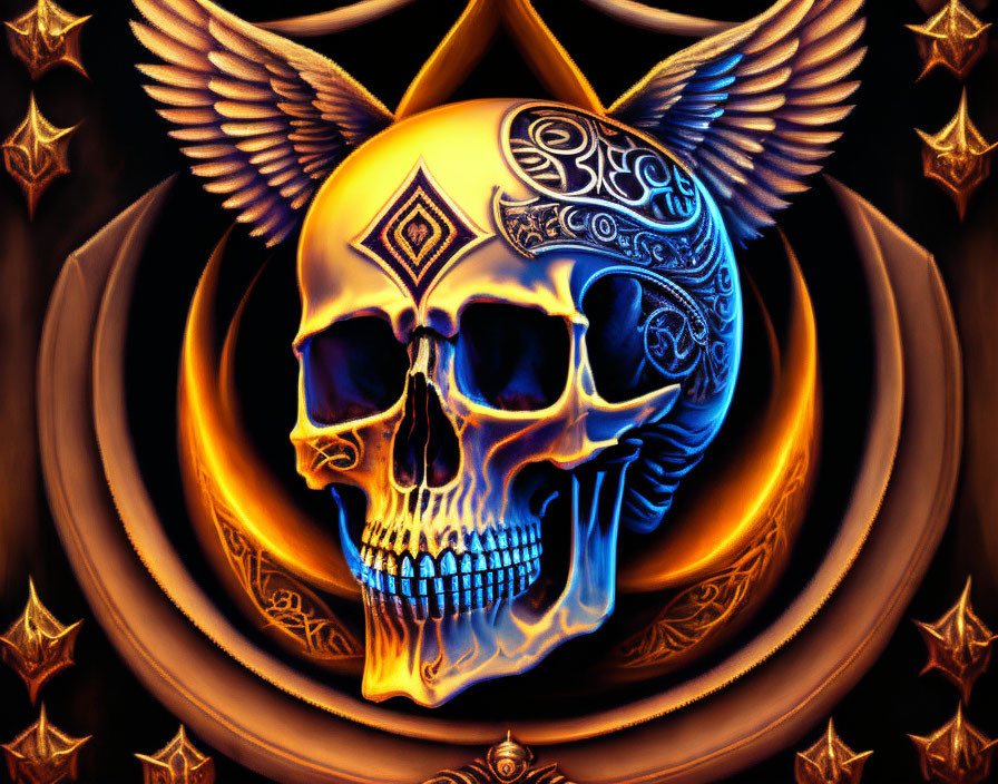 Golden skull digital artwork with blue glowing eyes and mystical symbols.