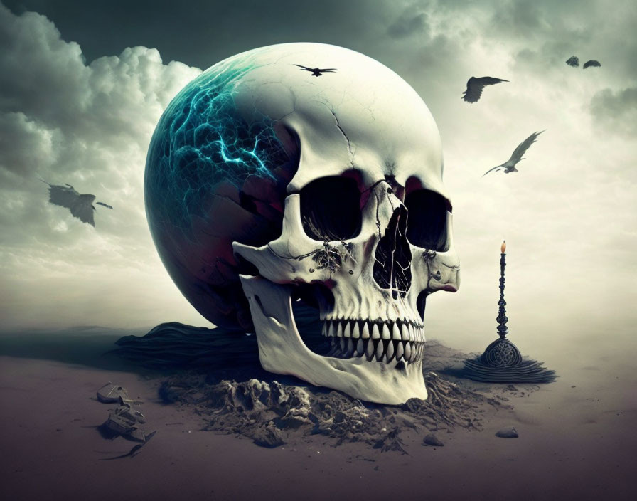 Giant skull surreal art in desert landscape with birds, candle, and blue light cracks