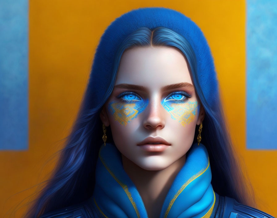 Digital artwork of woman with blue skin and facial markings on vibrant background