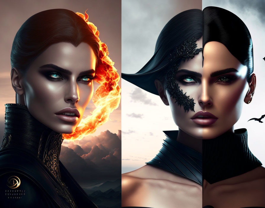 Split-image of a woman: fiery effects, glowing eyes vs. cool tones, dark feathered motif