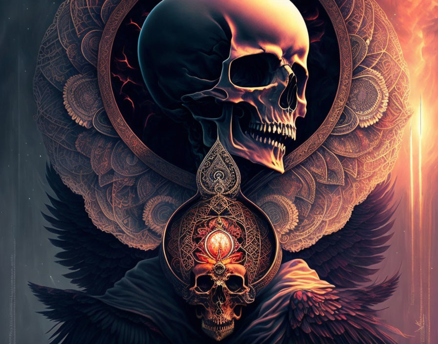 Surreal artwork with large and small skulls in ornate circles on fiery background